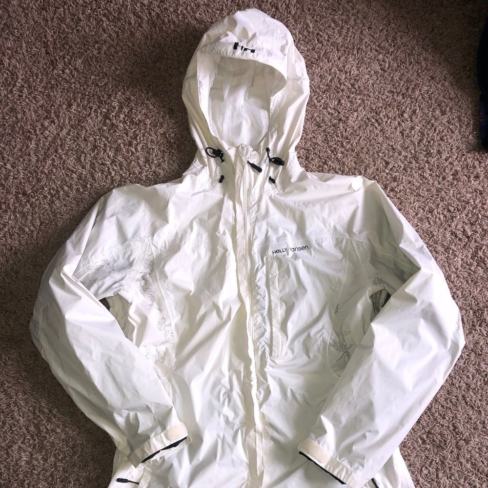 HELLY HANSEN SIZE XL WOMENS WHITE OUTDOOR HOODED WINDBREAKER JACKET